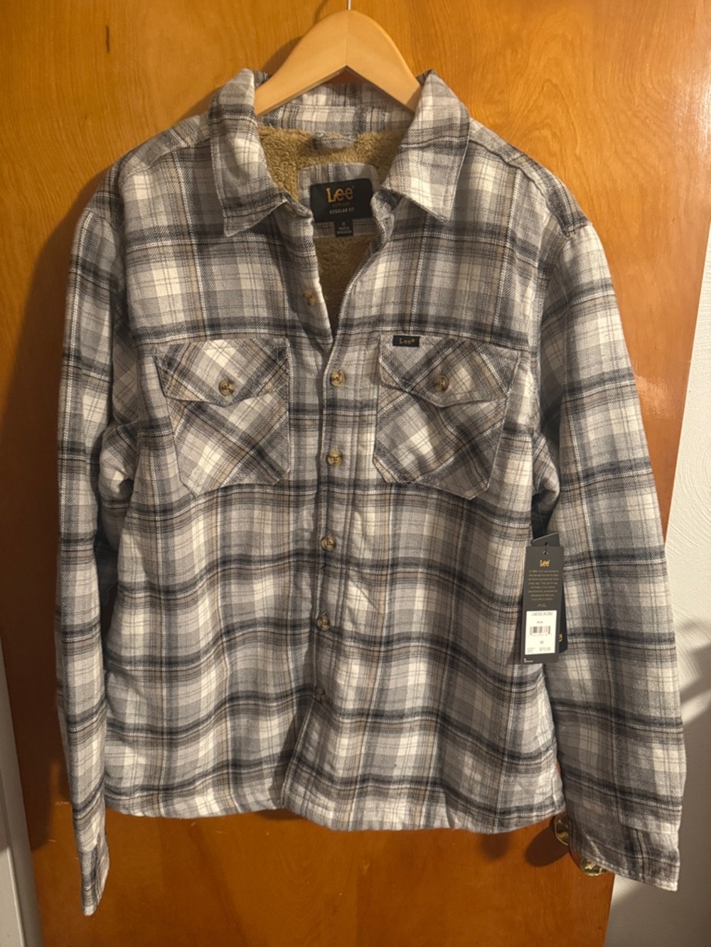 Flannel Shirt Jacket Mens Medium Gray Plaid Fleece Sherpa Lee